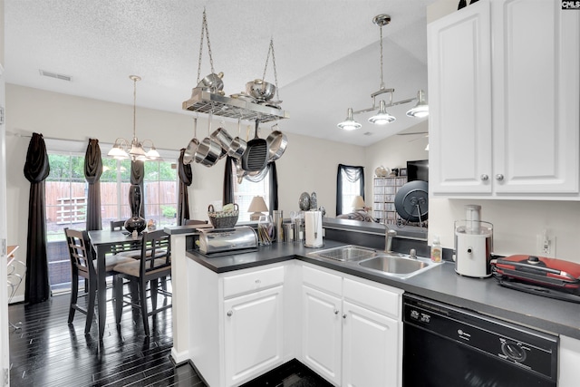 201 Summit Ridge Cir, Columbia, SC 29229 - kitchen with dishwasher, white cabinetry, a chandelier, dark countertops, and a textured ceiling