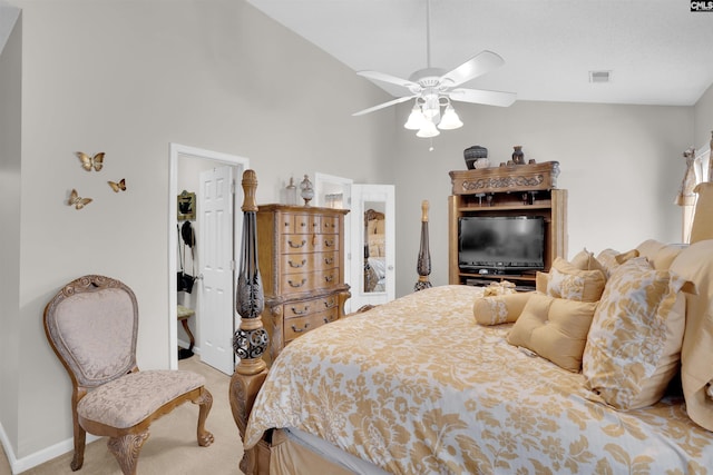 201 Summit Ridge Cir, Columbia, SC 29229 - bedroom with light carpet, high vaulted ceiling, ceiling fan, and a spacious closet