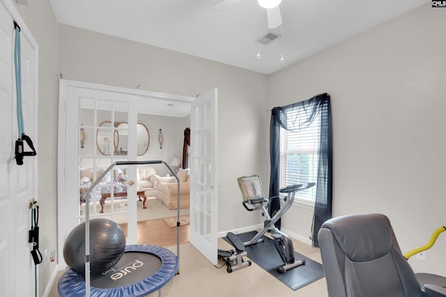 201 Summit Ridge Cir, Columbia, SC 29229 - exercise area featuring french doors, ceiling fan, and carpet floors