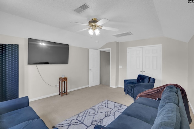 201 Summit Ridge Cir, Columbia, SC 29229 - living room with lofted ceiling, carpet flooring, a ceiling fan, and a textured ceiling