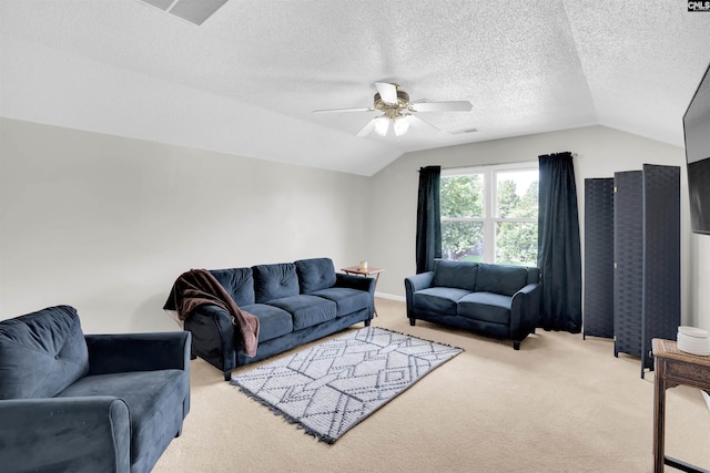 201 Summit Ridge Cir, Columbia, SC 29229 - living room featuring lofted ceiling, light colored carpet, a ceiling fan, and a textured ceiling