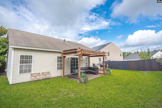 201 Summit Ridge Cir, Columbia, SC 29229 - rear view of house featuring a pergola, a fenced backyard, a patio, outdoor lounge area, and a shingled roof
