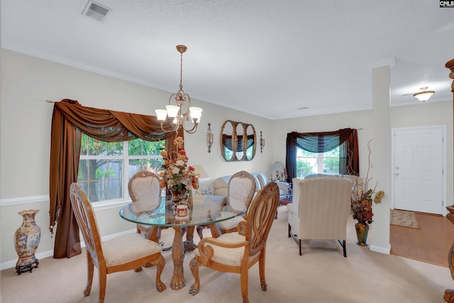 201 Summit Ridge Cir, Columbia, SC 29229 - dining space featuring a chandelier, light colored carpet, and ornamental molding