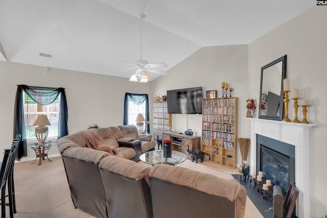201 Summit Ridge Cir, Columbia, SC 29229 - living room with light carpet, a fireplace with flush hearth, lofted ceiling, and ceiling fan