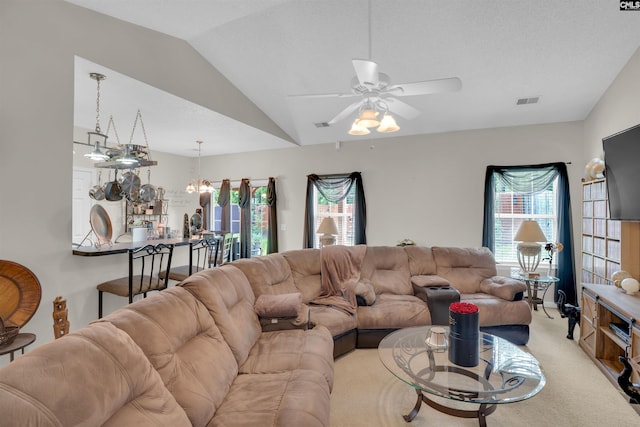 201 Summit Ridge Cir, Columbia, SC 29229 - living area featuring vaulted ceiling, light colored carpet, healthy amount of natural light, and ceiling fan
