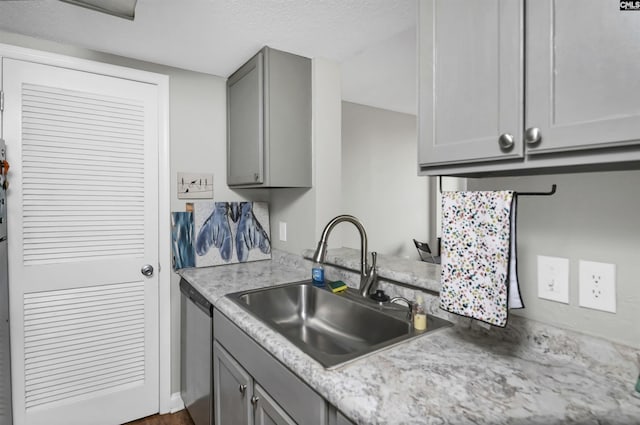 1100 Wheat St Unit 510, Columbia, SC 29201 - kitchen with gray cabinetry, dishwasher, light countertops, and a textured ceiling