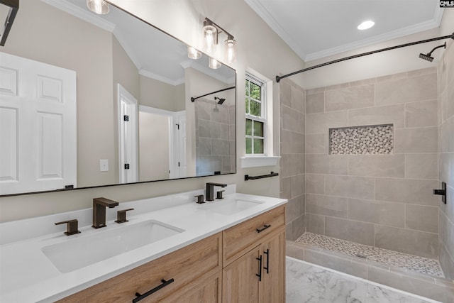 232 Burbank St, Columbia, SC 29210 - bathroom featuring double vanity, tiled shower, and crown molding