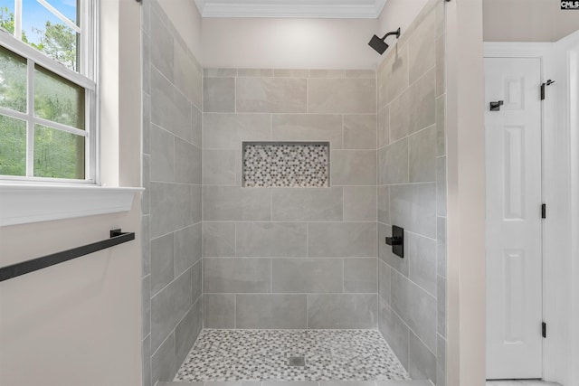 232 Burbank St, Columbia, SC 29210 - bathroom with a tile shower and ornamental molding