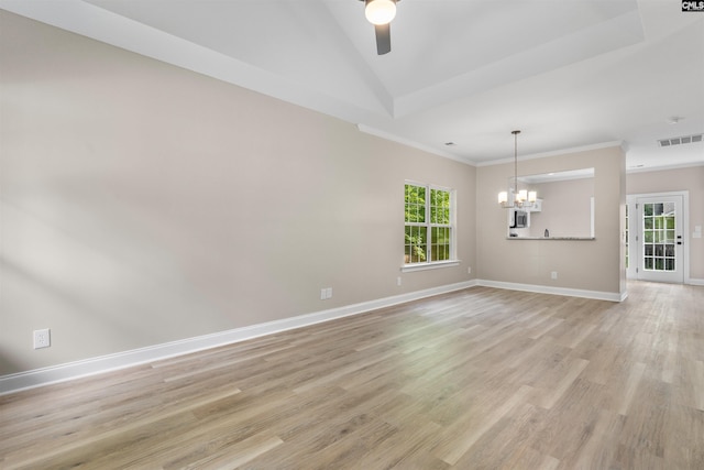 232 Burbank St, Columbia, SC 29210 - unfurnished room with a chandelier, ceiling fan, light wood-style flooring, ornamental molding, and vaulted ceiling