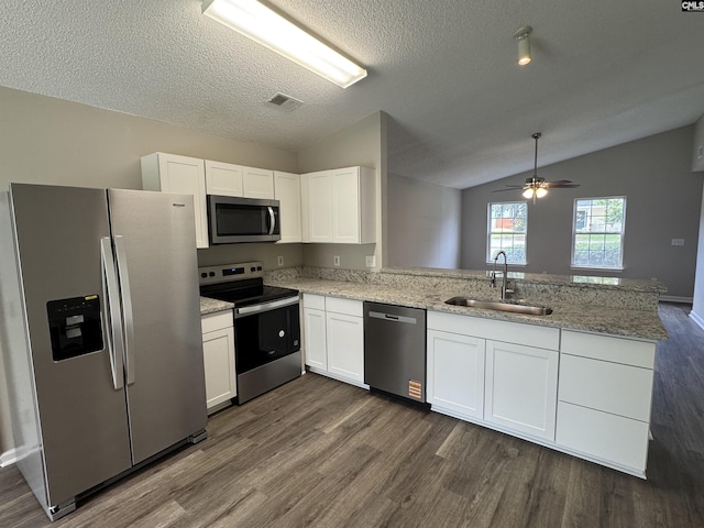 220 Sterling Cross Dr, Columbia, SC 29229 - kitchen with appliances with stainless steel finishes, a peninsula, dark wood-type flooring, lofted ceiling, and a textured ceiling