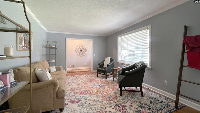 6965 Shelley Rd, Columbia, SC 29209 - living room featuring crown molding, a textured ceiling, and wood finished floors