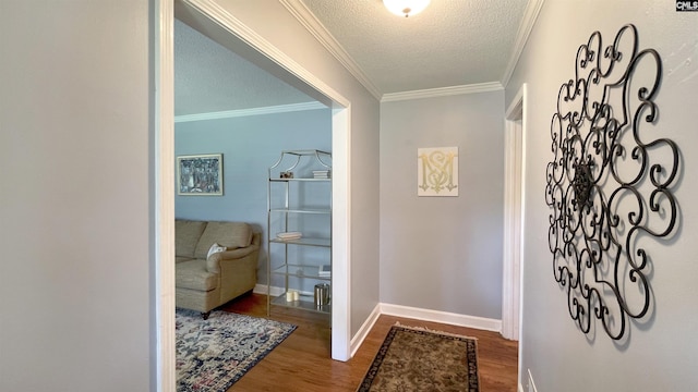 6965 Shelley Rd, Columbia, SC 29209 - corridor with wood finished floors, a textured ceiling, and ornamental molding