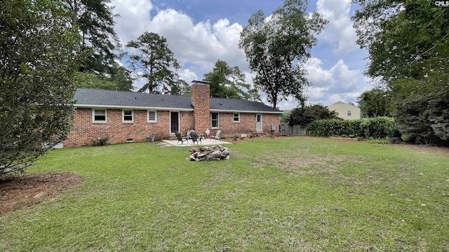 6965 Shelley Rd, Columbia, SC 29209 - rear view of house with a patio area, brick siding, a chimney, and crawl space