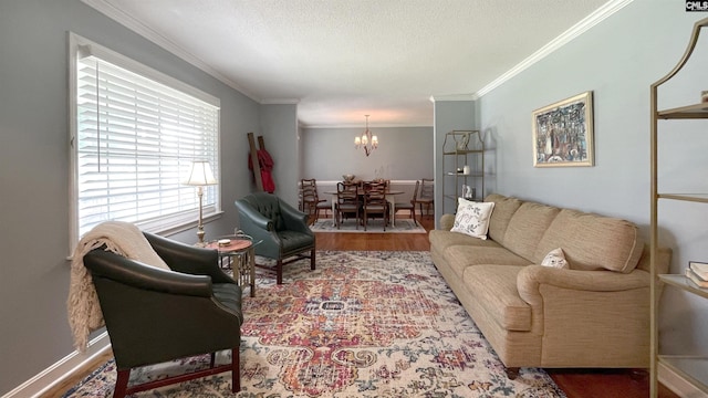 6965 Shelley Rd, Columbia, SC 29209 - living area featuring a chandelier, ornamental molding, wood finished floors, and a textured ceiling