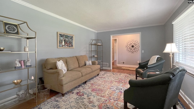 6965 Shelley Rd, Columbia, SC 29209 - living room featuring wood finished floors, crown molding, and a textured ceiling