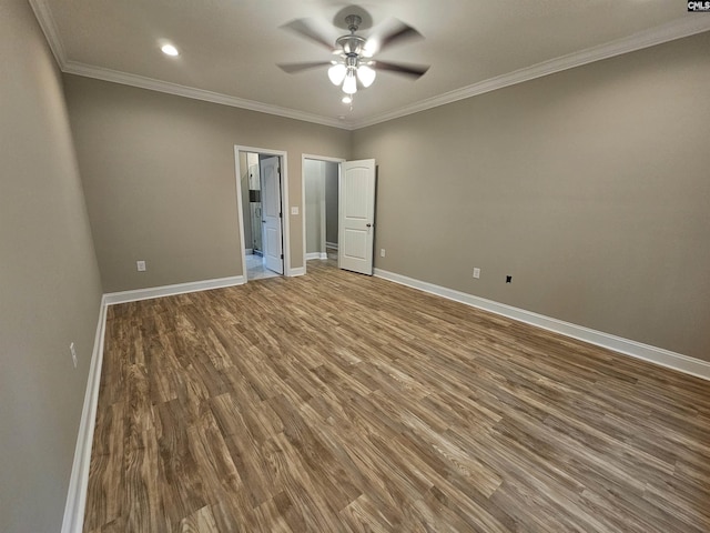 2101 Durham Dr, West Columbia, SC 29170 - unfurnished bedroom with wood finished floors, recessed lighting, ornamental molding, ceiling fan, and ensuite bathroom