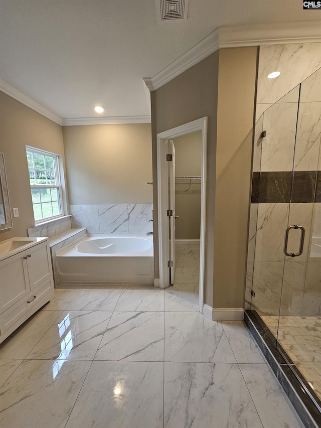 2101 Durham Dr, West Columbia, SC 29170 - full bath featuring marble look tile flooring, a bath, crown molding, vanity, and a shower stall