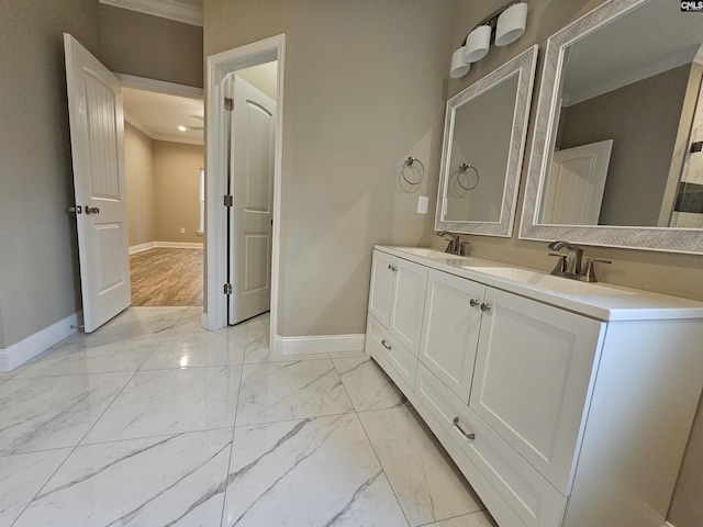 2101 Durham Dr, West Columbia, SC 29170 - bathroom featuring crown molding, marble look tile flooring, double vanity, and recessed lighting