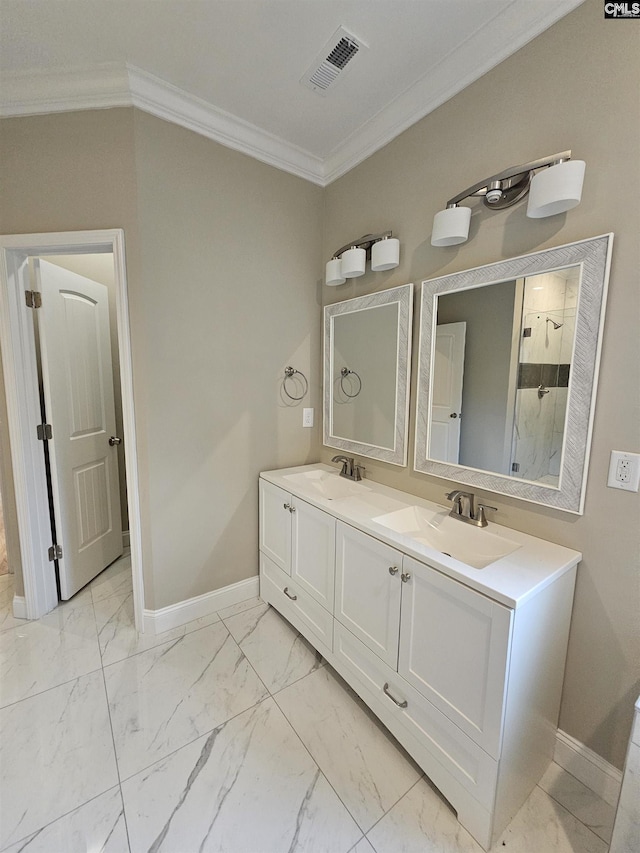 2101 Durham Dr, West Columbia, SC 29170 - full bath featuring ornamental molding, marble finish floors, double vanity, and a shower