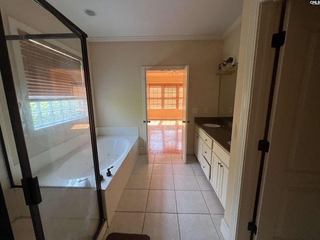 218 Scarborough Way, Lexington, SC 29072 - bathroom with double vanity, ornamental molding, a tub with jets, a shower stall, and tile patterned floors