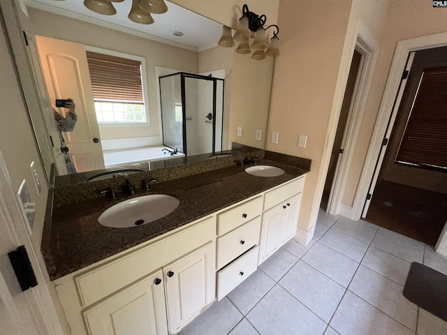 218 Scarborough Way, Lexington, SC 29072 - full bath featuring a stall shower, a bath, tile patterned flooring, double vanity, and crown molding