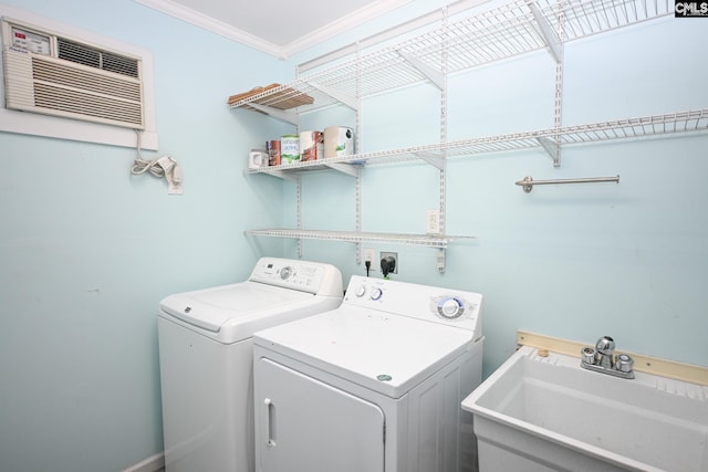 1120 Garden Ave, Cayce, SC 29033 - laundry room with washer and clothes dryer, ornamental molding, and a wall mounted AC