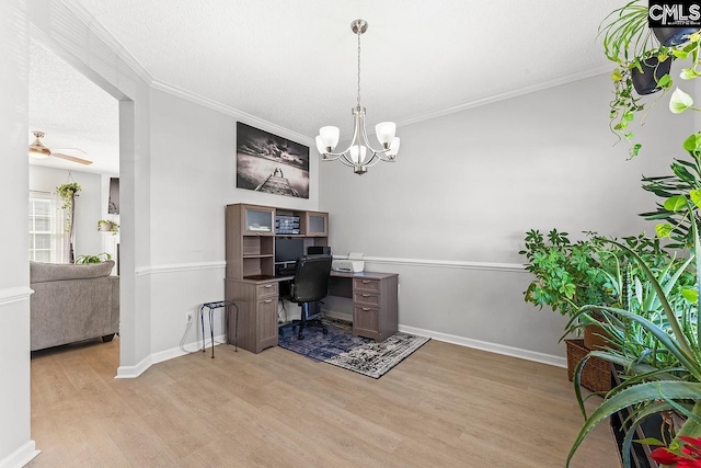 218 Founders Ridge Rd, Columbia, SC 29229 - home office with light wood-style flooring, ornamental molding, a chandelier, and ceiling fan