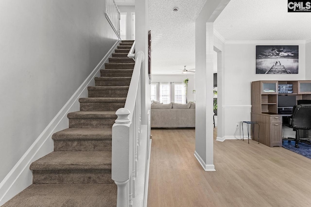 218 Founders Ridge Rd, Columbia, SC 29229 - staircase featuring wood finished floors, a ceiling fan, a textured ceiling, and ornamental molding