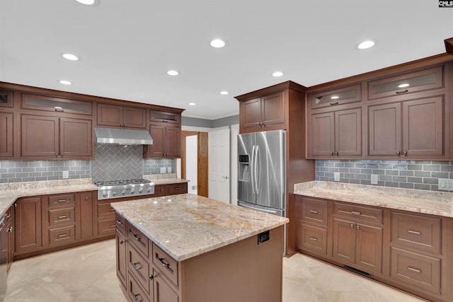 2432 Bermuda Hills Rd, Columbia, SC 29223 - kitchen featuring under cabinet range hood, appliances with stainless steel finishes, decorative backsplash, recessed lighting, and glass insert cabinets