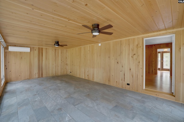 2432 Bermuda Hills Rd, Columbia, SC 29223 - spare room with wood ceiling, ceiling fan, wood walls, stone finish floors, and a wall unit AC