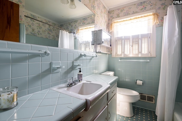 289 King Charles Rd, Columbia, SC 29209 - full bathroom with wallpapered walls, ornamental molding, vanity, tile patterned floors, and a shower with shower curtain