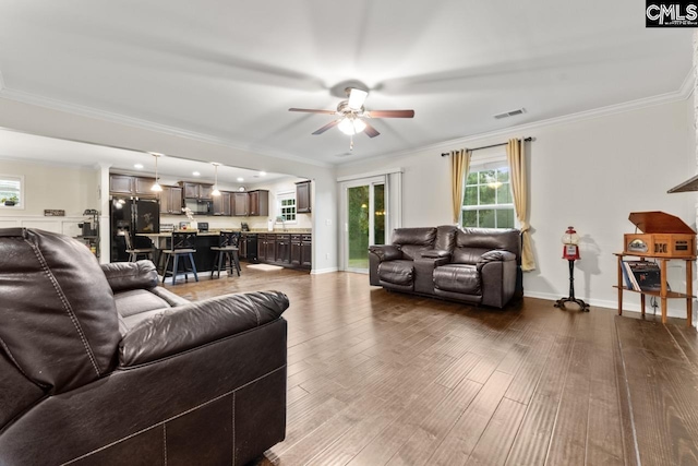 34 Riesling Ct, Lugoff, SC 29078 - living area with ceiling fan, dark wood-type flooring, and ornamental molding