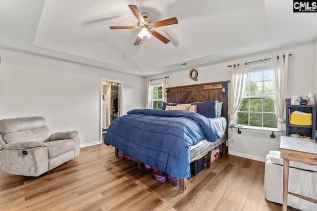 34 Riesling Ct, Lugoff, SC 29078 - bedroom with light wood finished floors, a walk in closet, vaulted ceiling, a ceiling fan, and a closet