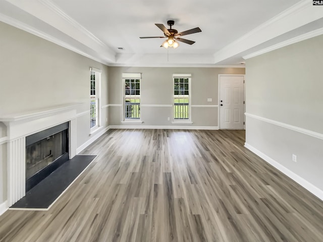1524 Highway Church Rd, Elgin, SC 29045 - unfurnished living room with a raised ceiling, a fireplace with raised hearth, a ceiling fan, wood finished floors, and ornamental molding