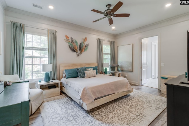 6150 Crabtree Rd, Columbia, SC 29206 - bedroom with ornamental molding, light wood-style floors, a ceiling fan, and recessed lighting