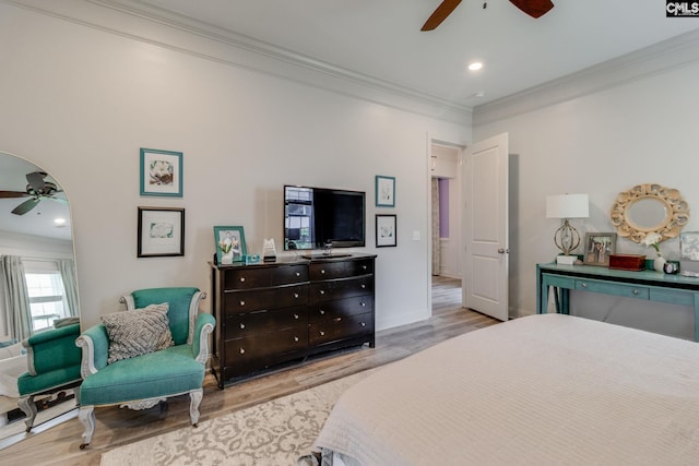 6150 Crabtree Rd, Columbia, SC 29206 - bedroom with light wood-type flooring, ornamental molding, ceiling fan, and recessed lighting
