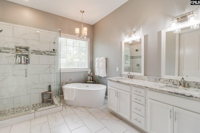 6150 Crabtree Rd, Columbia, SC 29206 - full bathroom featuring marble finish floors, a shower stall, a soaking tub, and double vanity