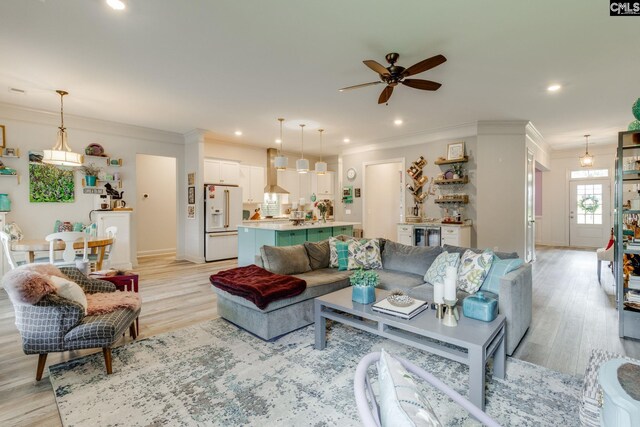 6150 Crabtree Rd, Columbia, SC 29206 - living area with a ceiling fan, light wood finished floors, ornamental molding, recessed lighting, and beverage cooler