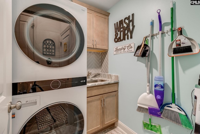 6150 Crabtree Rd, Columbia, SC 29206 - bathroom with estacked washer and dryer, tasteful backsplash, and vanity
