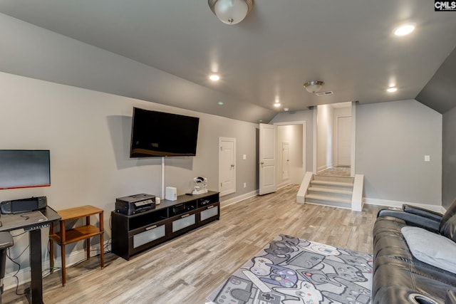 6150 Crabtree Rd, Columbia, SC 29206 - living area with vaulted ceiling, stairs, light wood-style floors, and recessed lighting