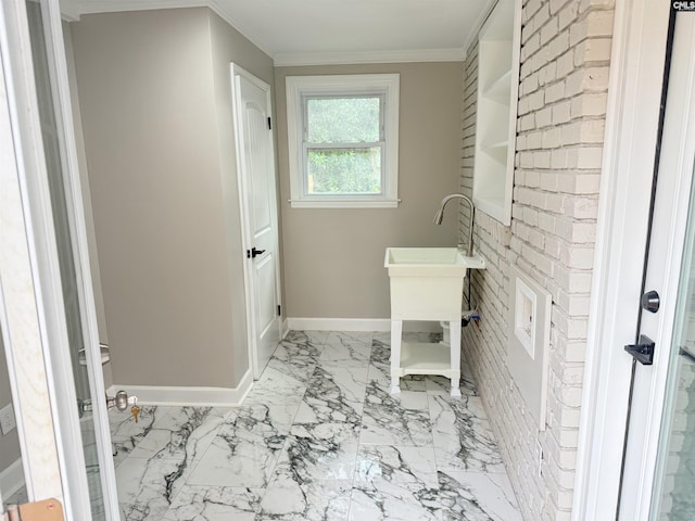1341 Sanford Rd, Columbia, SC 29206 - laundry area featuring marble look tiles and ornamental molding