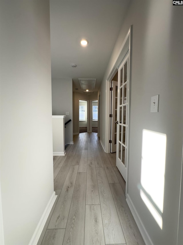 15 Runelle Ln, Columbia, SC 29229 - corridor with attic access, french doors, light wood-type flooring, recessed lighting, and an upstairs landing
