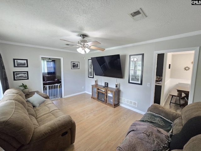 704 Cambridge, Lugoff, SC 29078 - living room with light wood-type flooring, ornamental molding, a textured ceiling, and ceiling fan
