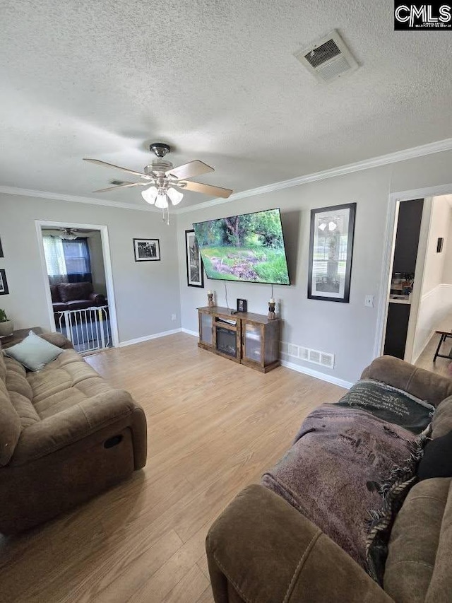 704 Cambridge, Lugoff, SC 29078 - living area featuring crown molding, a textured ceiling, a ceiling fan, and light wood-style floors