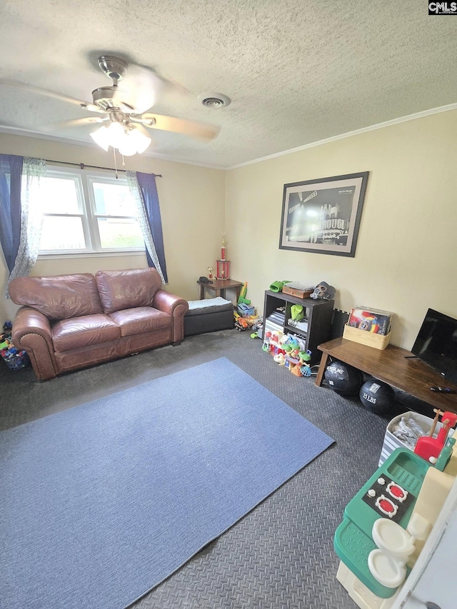 704 Cambridge, Lugoff, SC 29078 - living room featuring carpet, ceiling fan, a textured ceiling, and ornamental molding