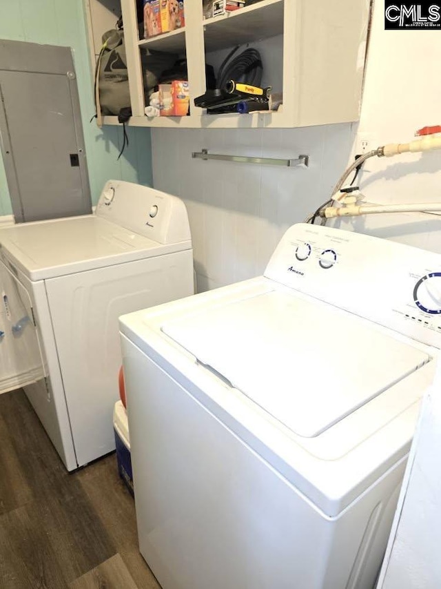 704 Cambridge, Lugoff, SC 29078 - laundry area with separate washer and dryer and dark wood-style flooring