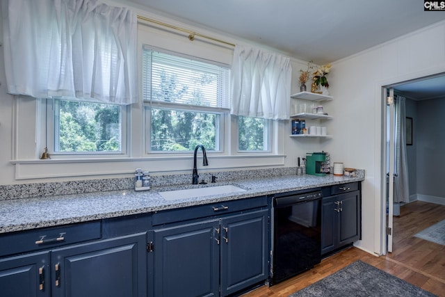 39 Downing, Columbia, SC 29209 - kitchen with dishwasher, blue cabinets, wood finished floors, light stone counters, and crown molding