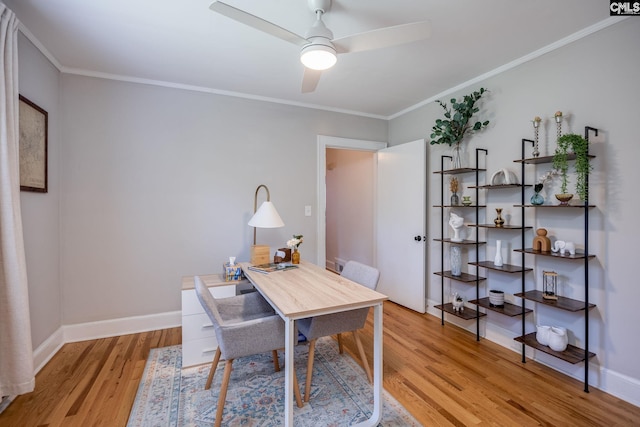 39 Downing, Columbia, SC 29209 - office area featuring light wood-type flooring, ornamental molding, and ceiling fan