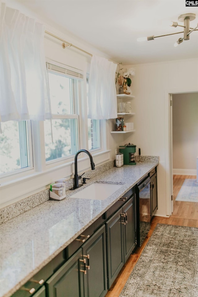 39 Downing, Columbia, SC 29209 - kitchen with healthy amount of natural light, dishwasher, light wood-style floors, and open shelves
