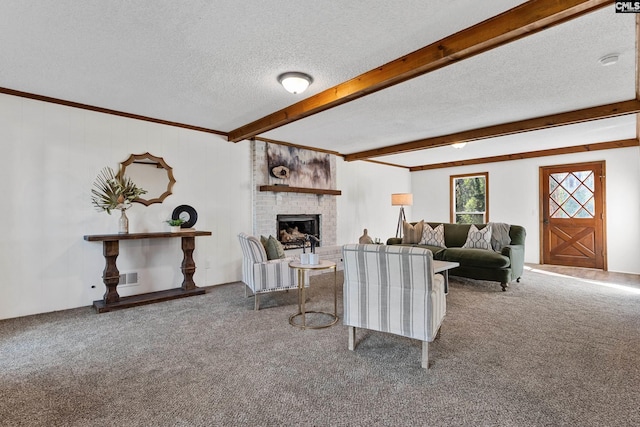 301 Colony Hill Rd, Lexington, SC 29072 - living area with carpet flooring, a textured ceiling, beamed ceiling, a fireplace, and ornamental molding